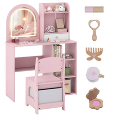 Kids Vanity Table and Chair Set with 3-color Lighted Mirror for 3+ Years Old-Pink
