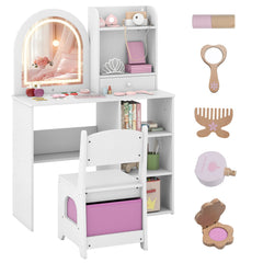 Kids Vanity Table and Chair Set with 3-color Lighted Mirror for 3+ Years Old-White