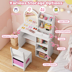 Kids Vanity Table and Chair Set with 3-color Lighted Mirror for 3+ Years Old-White
