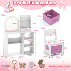 Kids Vanity Table and Chair Set with 3-color Lighted Mirror for 3+ Years Old-White