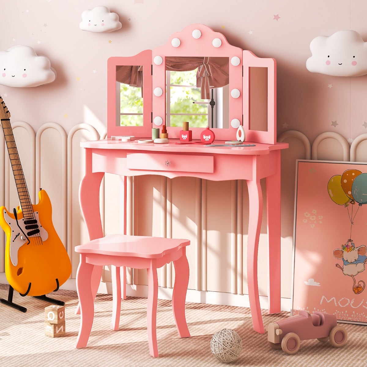 Kids Vanity Table and Stool Set with Real Glass Tri-Folding Mirror and Drawer-Pink