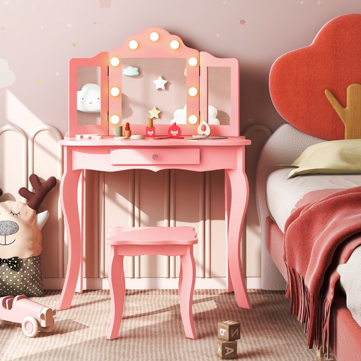 Kids Vanity Table and Stool Set with Real Glass Tri-Folding Mirror and Drawer-Pink