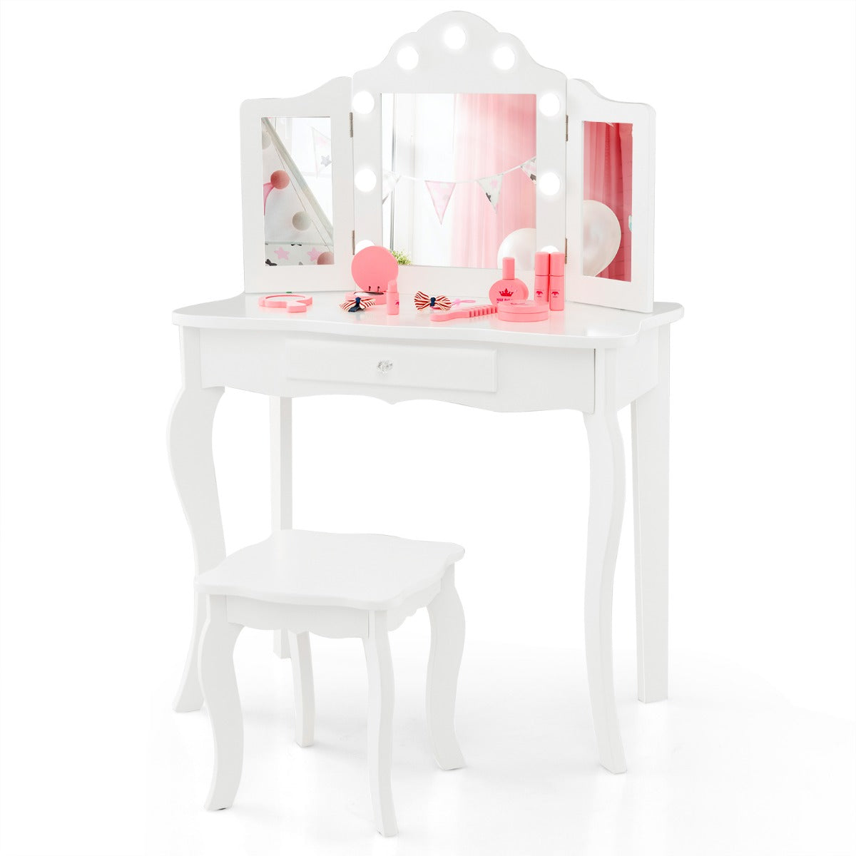 Kids Vanity Table and Stool Set with Real Glass Tri-Folding Mirror and Drawer-White