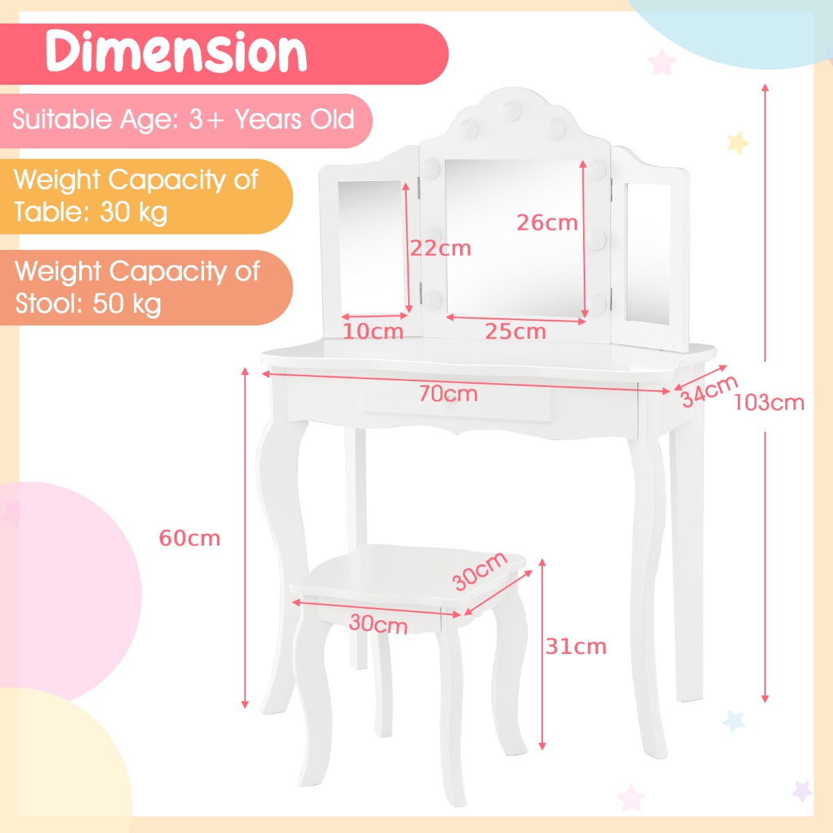 Kids Vanity Table and Stool Set with Real Glass Tri-Folding Mirror and Drawer-White
