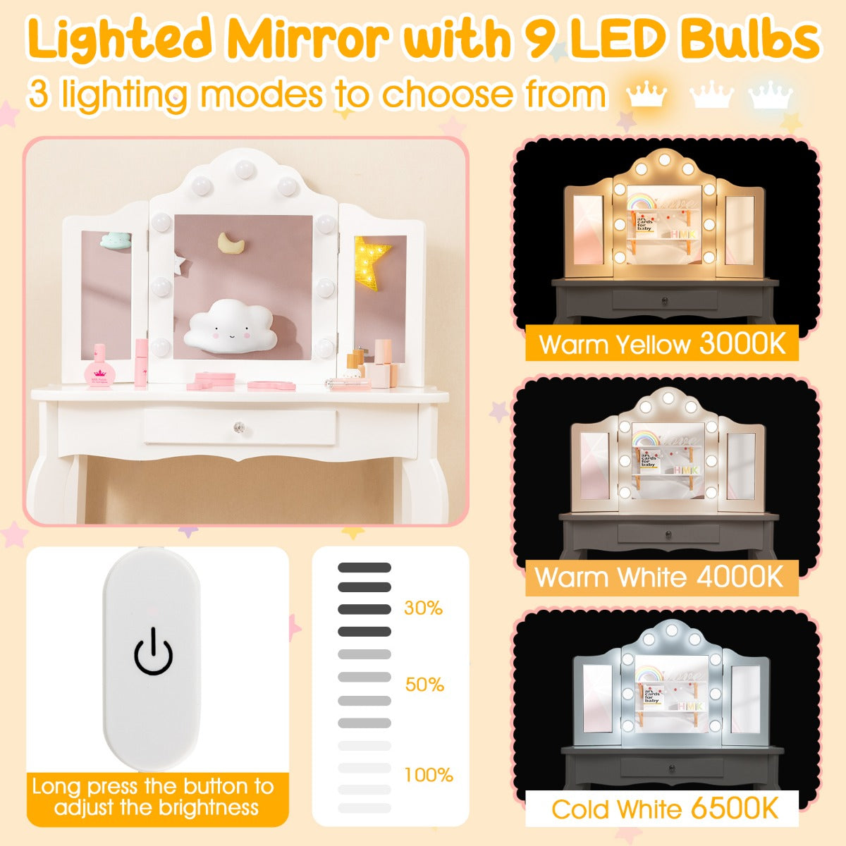 Kids Vanity Table and Stool Set with Real Glass Tri-Folding Mirror and Drawer-White