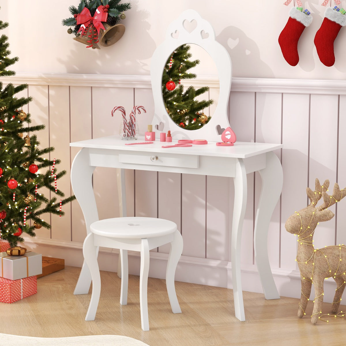 Kids Vanity Table and Stool with Removable Mirror and Drawer-White