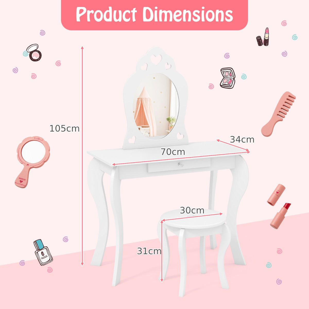 Kids Vanity Table and Stool with Removable Mirror and Drawer-White