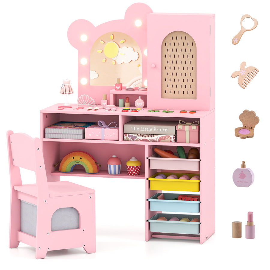 Kids Vanity with Lights Princess Vanity Table and Chair Set with 5 Drawers and 2 Compartments-Pink