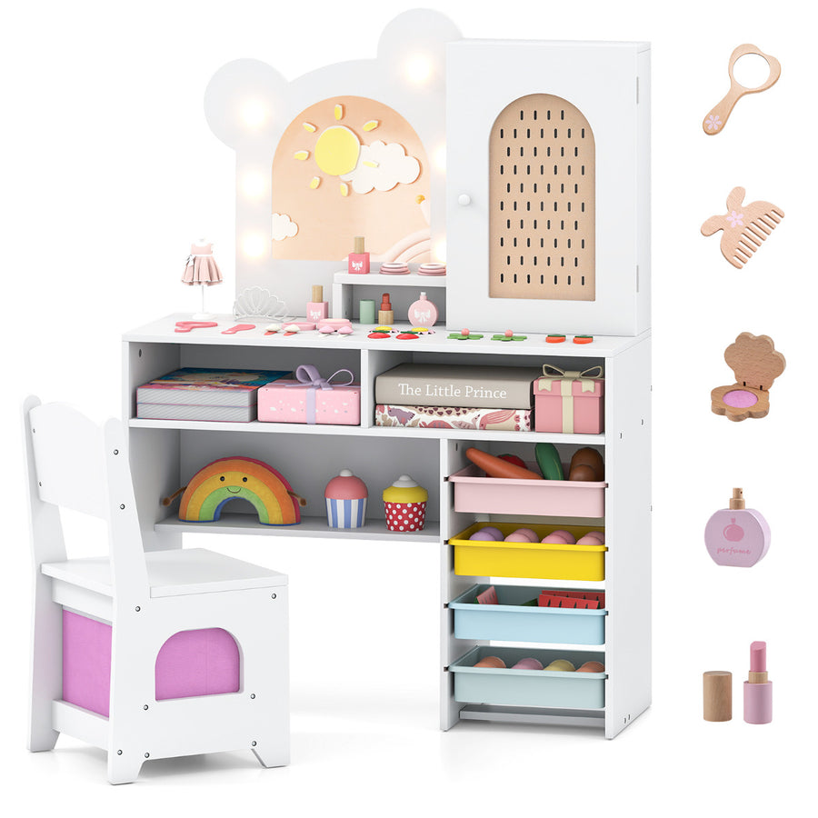 Kids Vanity with Lights Princess Vanity Table and Chair Set with 5 Drawers and 2 Compartments-White