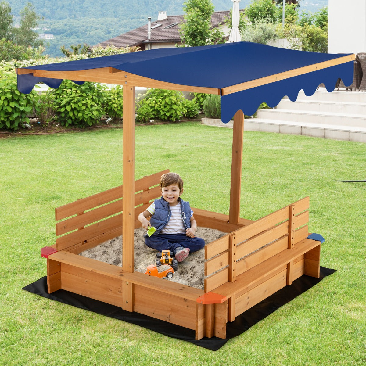 Kids Wooden Sandbox with Canopy Suitable for Backyard Home Lawn Garden