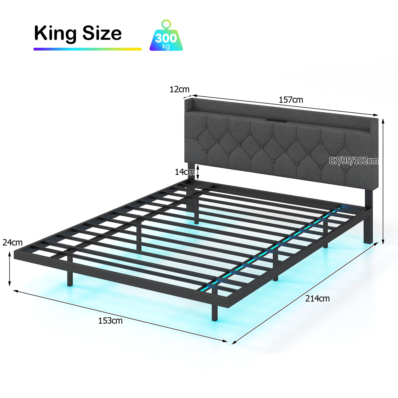 Double/King Size Floating Bed Frame with Adjustable Headboard and Charging Station-Grey-King Size