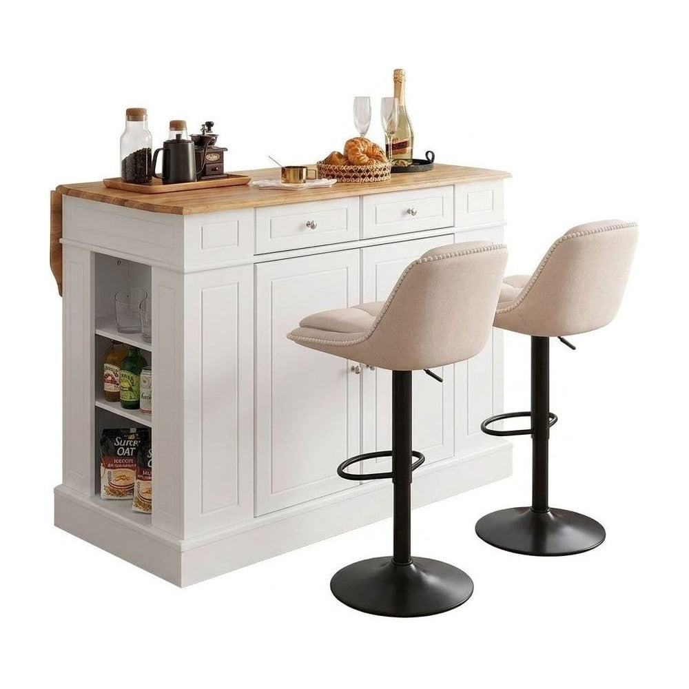 Kitchen Island with drop-leaf countertop and two adjustable chenille upholstered bar stools