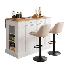 Kitchen Island with drop-leaf countertop and two adjustable chenille upholstered bar stools