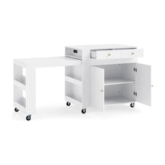 Kitchen Island with extendable dining table and power outlet, white finish with fluted doors and drawers