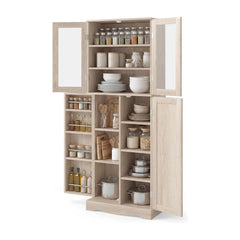 Kitchen Pantry Storage Cabinet with open doors showing shelves filled with kitchenware and food