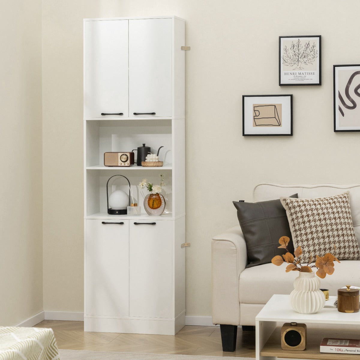 190cm Tall Freestanding Cupboard with Doors and Shelves-White