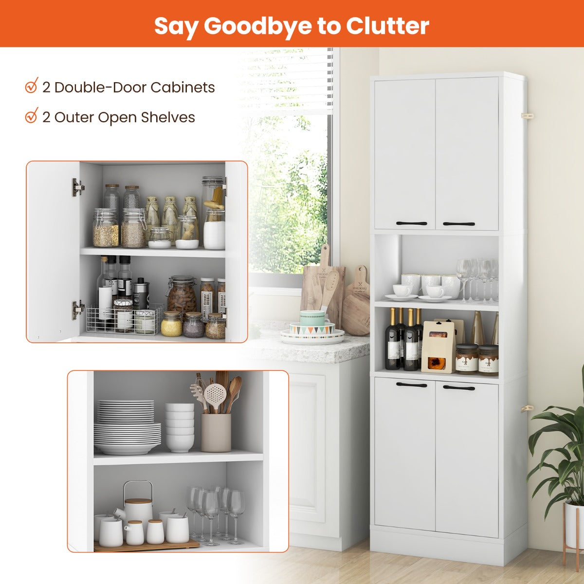 190cm Tall Freestanding Cupboard with Doors and Shelves-White