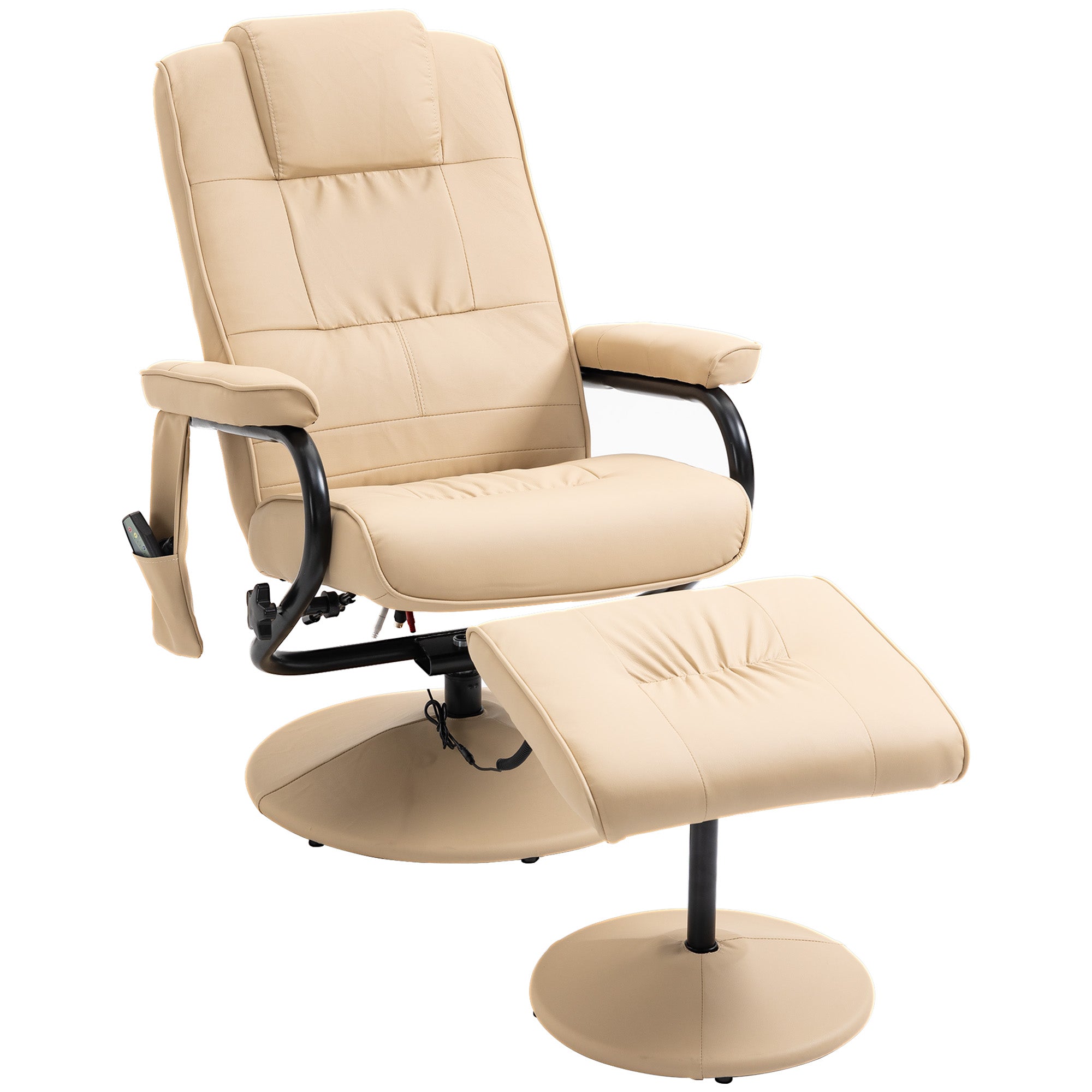 HOMCOM Swivel Recliner Chair and Footstool, Faux Leather Massage Recliner Armchair with Remote Control and Round Wrapped Base, Cream