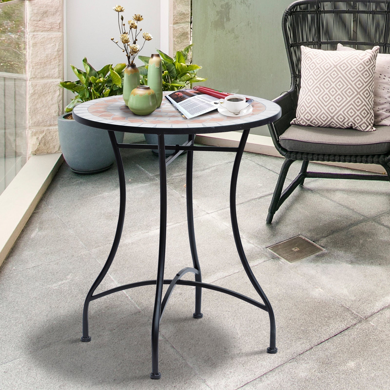Outsunny 60 cm Mosaic Garden Table, Small Round Outdoor Side Table with Ceramic Top, Plant Stand for Patio, Balcony, Orange and White