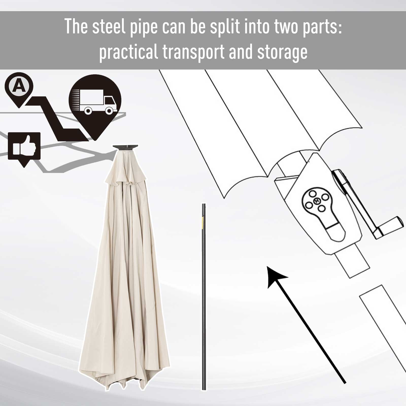 Outsunny 2.7m Garden 24 LED Light Parasol Solar Outdoor Tilt Sun Umbrella Patio Club Party Event Manual Sun Shade w/ Hand Crank and 8 Ribs, Off-white