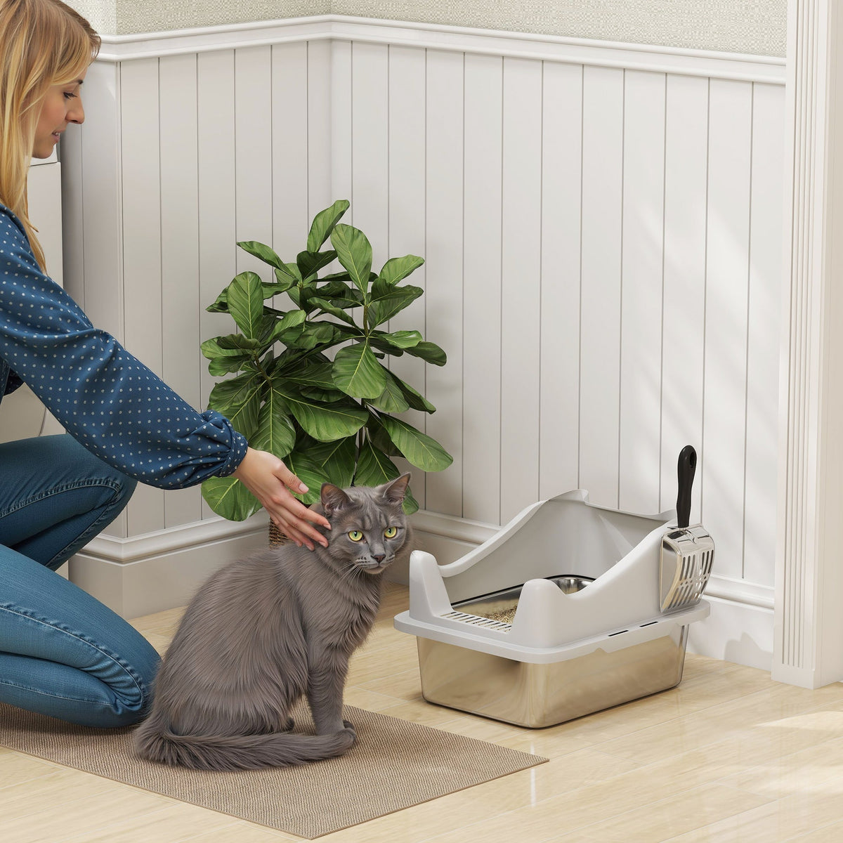 PawHut Stainless Steel Cat Litter Box with High Sides, Metal Scoop, 43 x 33 x 25 cm