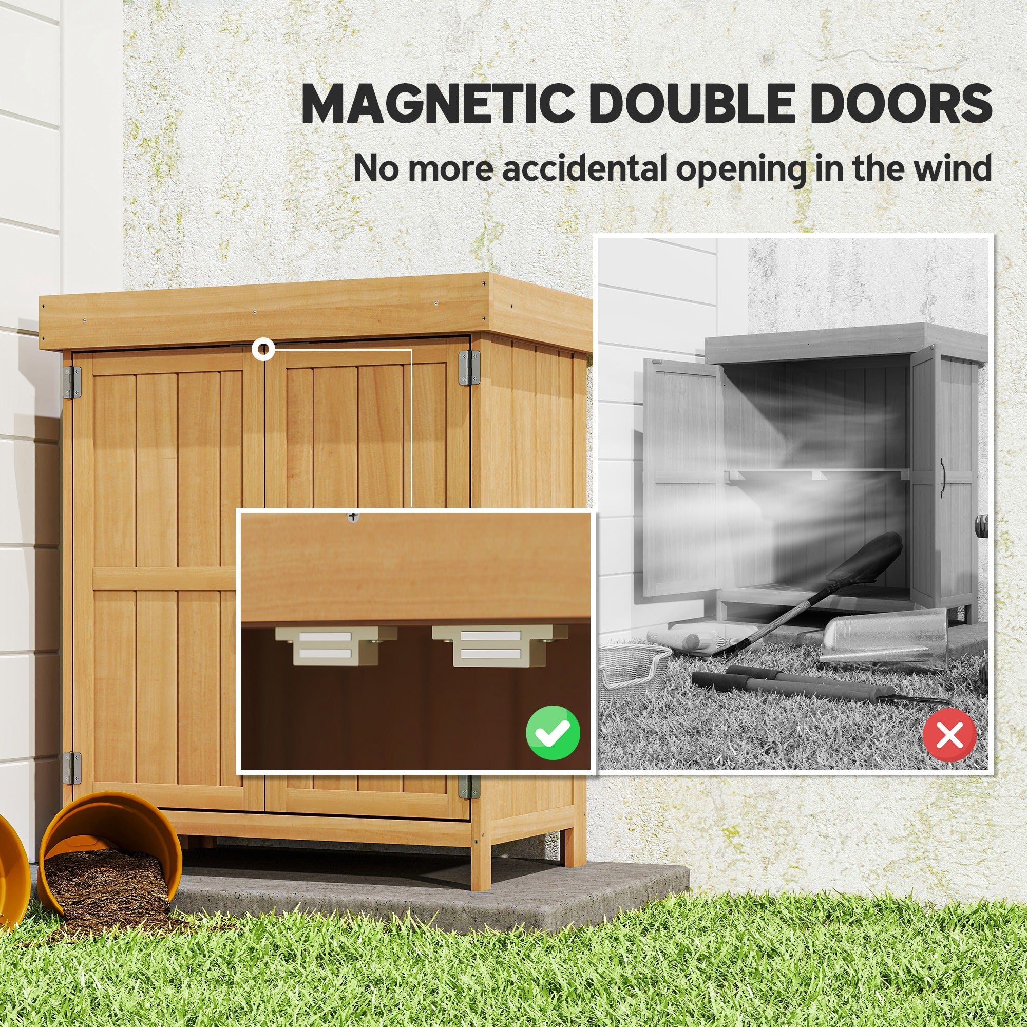 Outsunny Small Shed, Wooden Garden Shed with Openable Hinged Roof and Removable Shelf, Outdoor Tool Storage Cabinet Chest with Double Doors, 74 x 43 x 88 cm, Natural Wood Finish