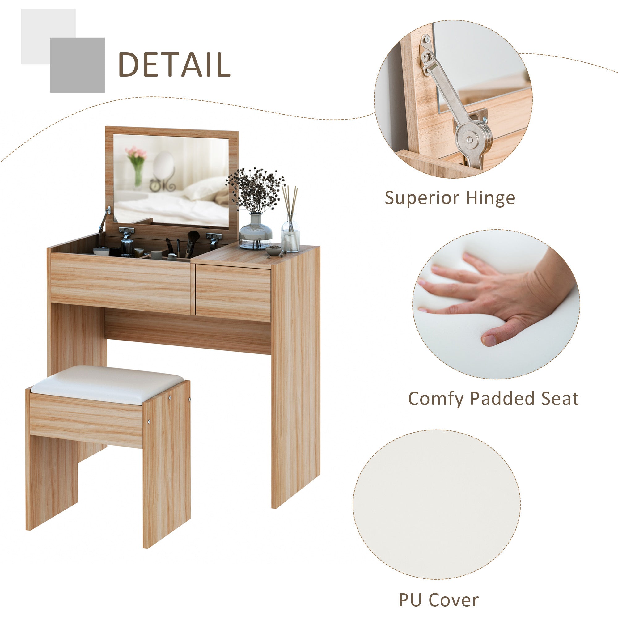 HOMCOM Dressing Table with Flip-Up Mirror and Cushioned Stool, Makeup Vanity Desk with Hidden Compartments and Storage Drawer, Convertible Writing Table for Bedroom, Natural