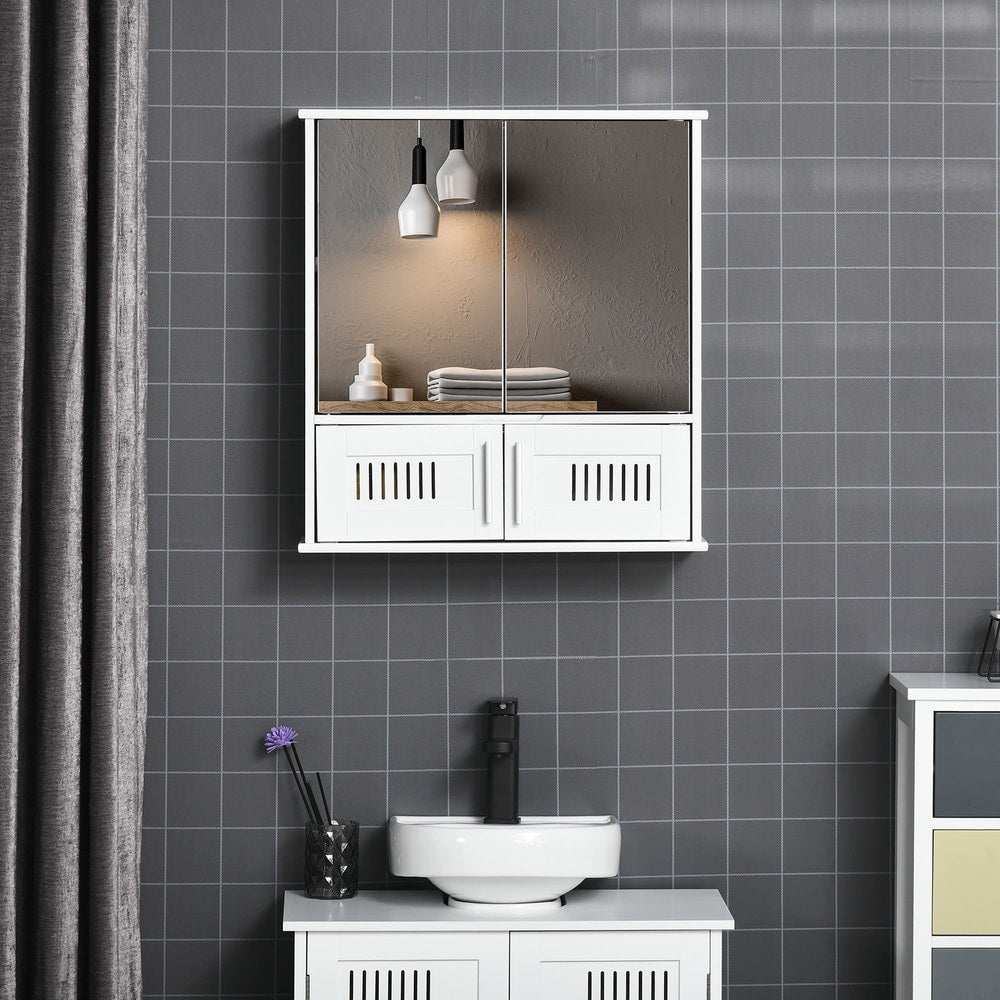 the bathroom mirror cabinet mounted on a grey tiled wall above a white vanity unit