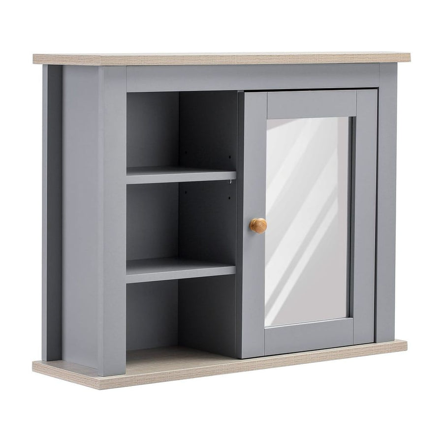 kleankin Bathroom Wall Mirror Cabinet with a grey frame, open shelving and a single mirrored door