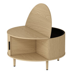 HOMCOM Coffee Table with Lift Top and Hidden Storage, Round Centre Table with Fluted Sliding Door, 80 cm, Natural Wood