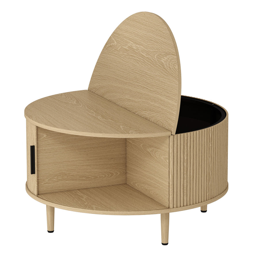 HOMCOM Coffee Table with Lift Top and Hidden Storage, Round Centre Table with Fluted Sliding Door, 80 cm, Natural Wood