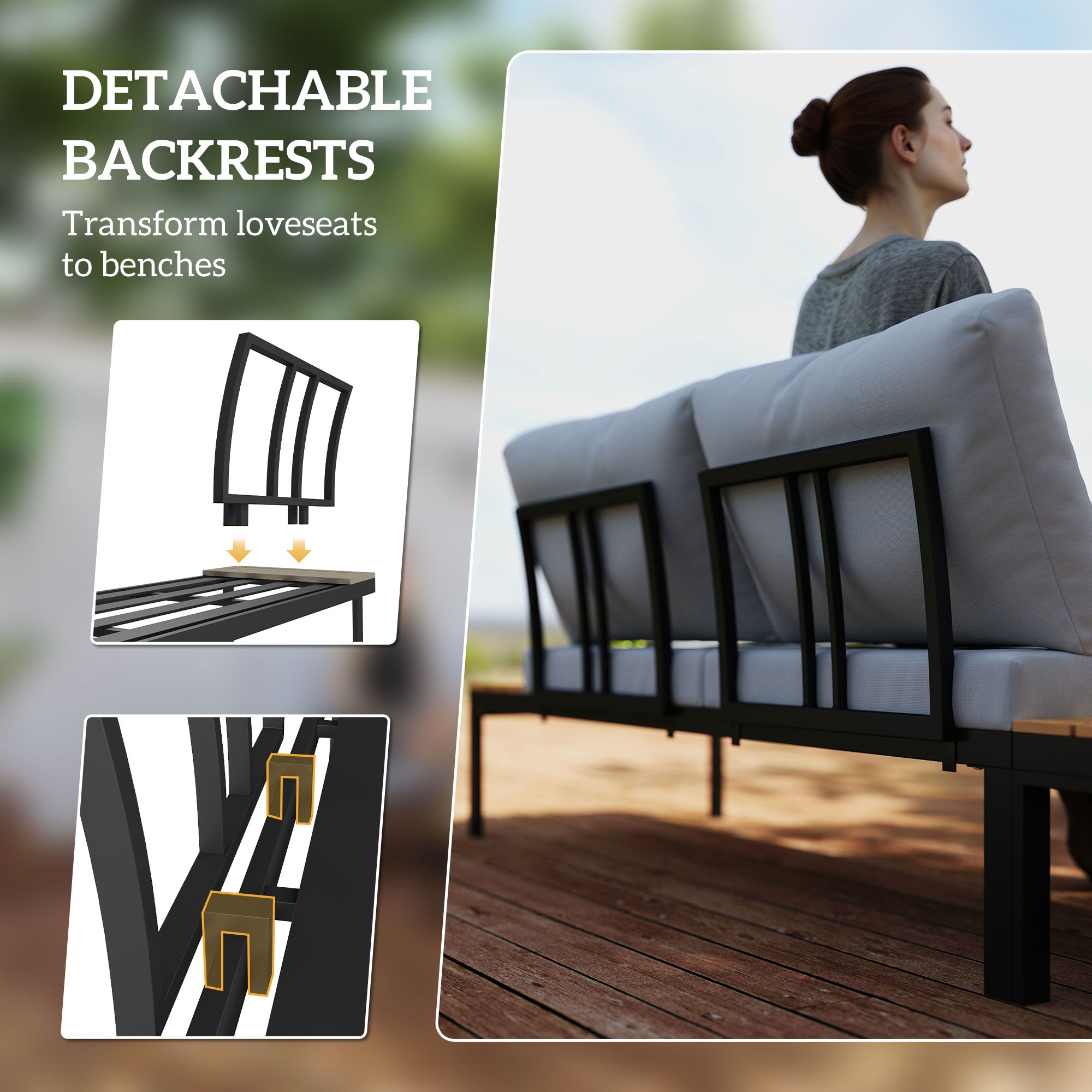 Outsunny Four-Piece Garden Corner Sofa Set with 2 Loveseats and 2 Coffee Tables - Teak