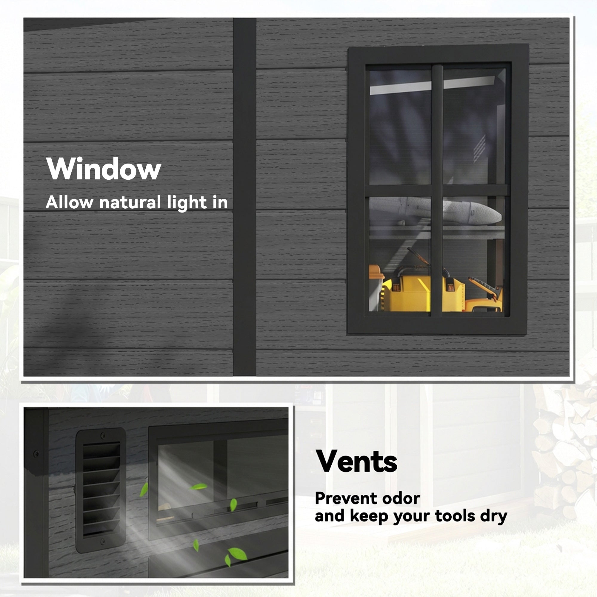 Outsunny 6 x 6 ft Plastic Garden Shed, Wood-Effect Outdoor Storage Shed with Floor, Windows, Lockable Doors and Vents, Dark Grey