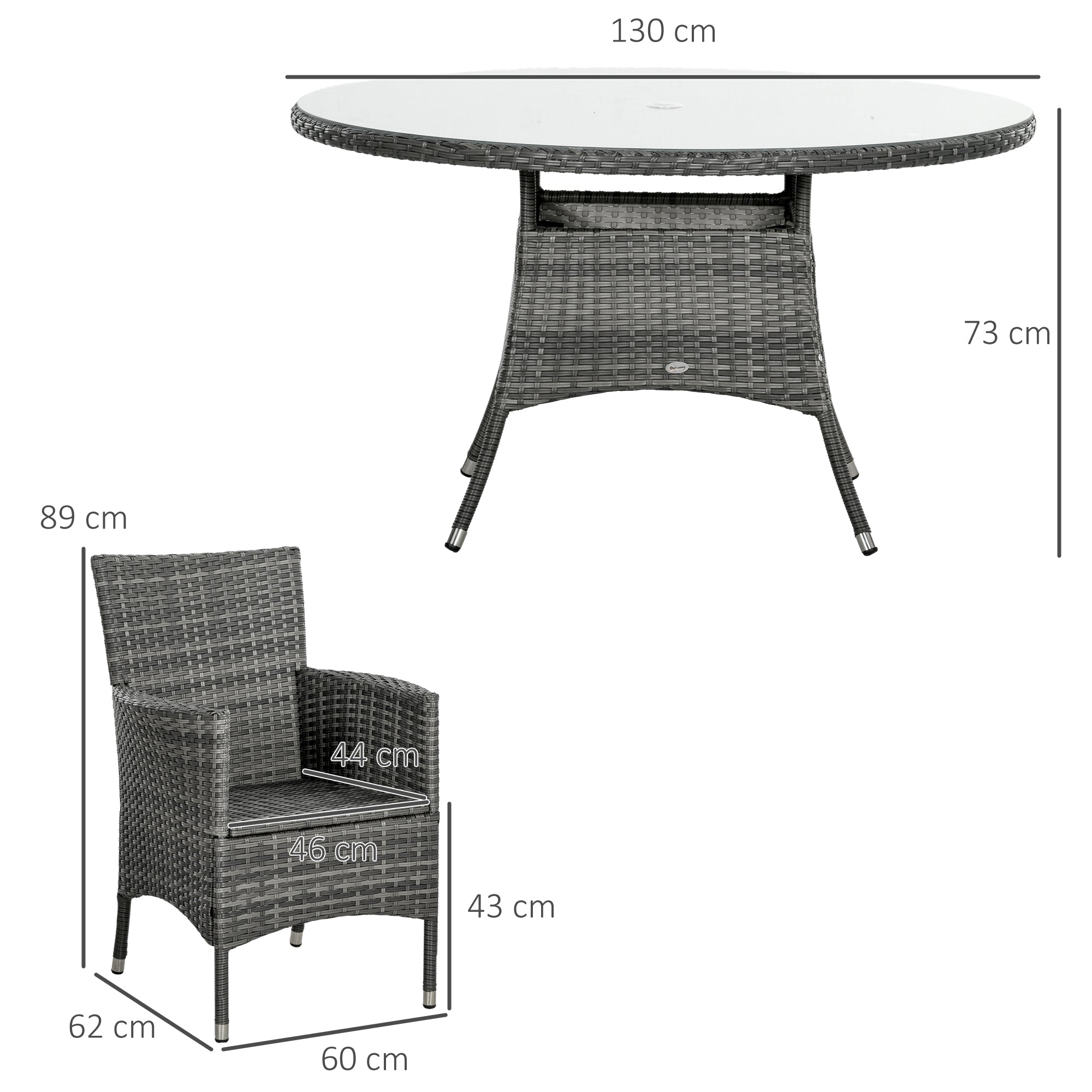 Outsunny Seven-Piece Rattan Dining Table, with Round Glass-Top Table - Mixed Grey