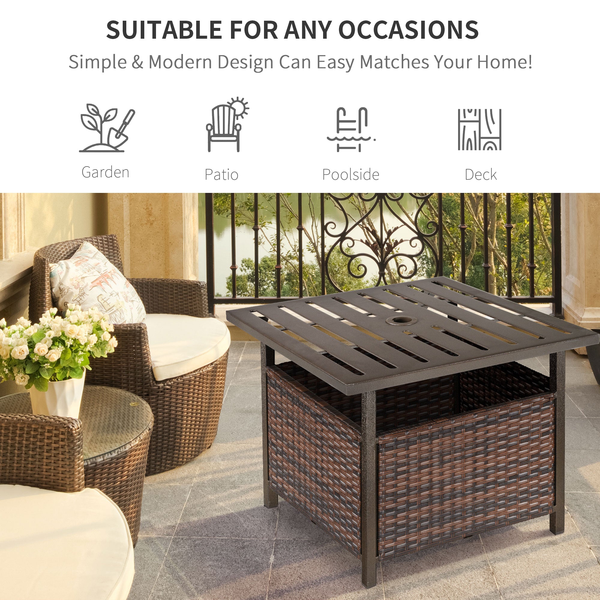 Outsunny Rattan Garden Coffee Table, 55.5 cm Square Wicker Patio Side Coffee Table with 4 cm Umbrella Hole, Metal Bottom and Slatted Top for Outdoor, Balcony, Brown