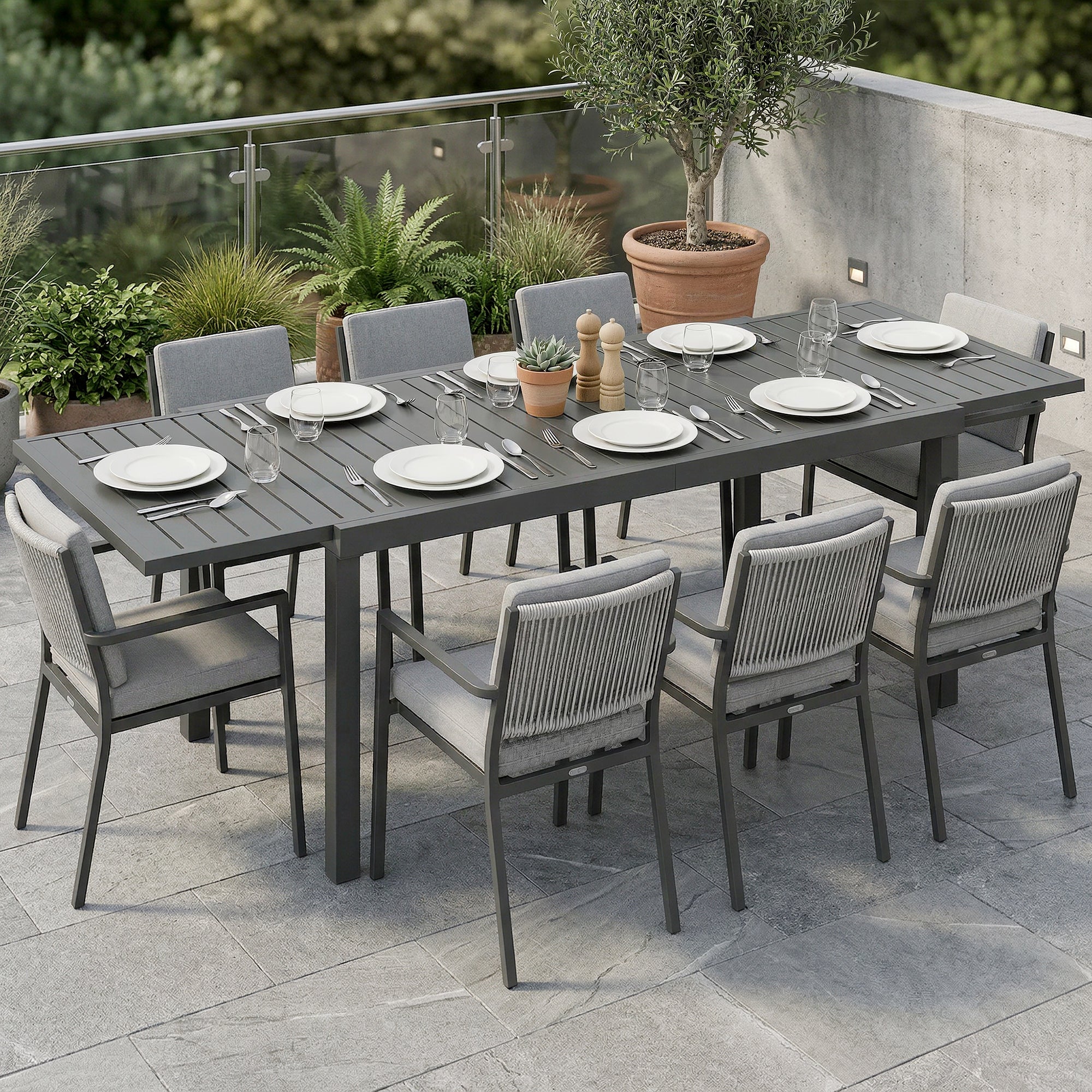 Outsunny Extending Garden Table for 6-8 People, Full Aluminium Outdoor Dining Table with Slatted Top, Dark Grey