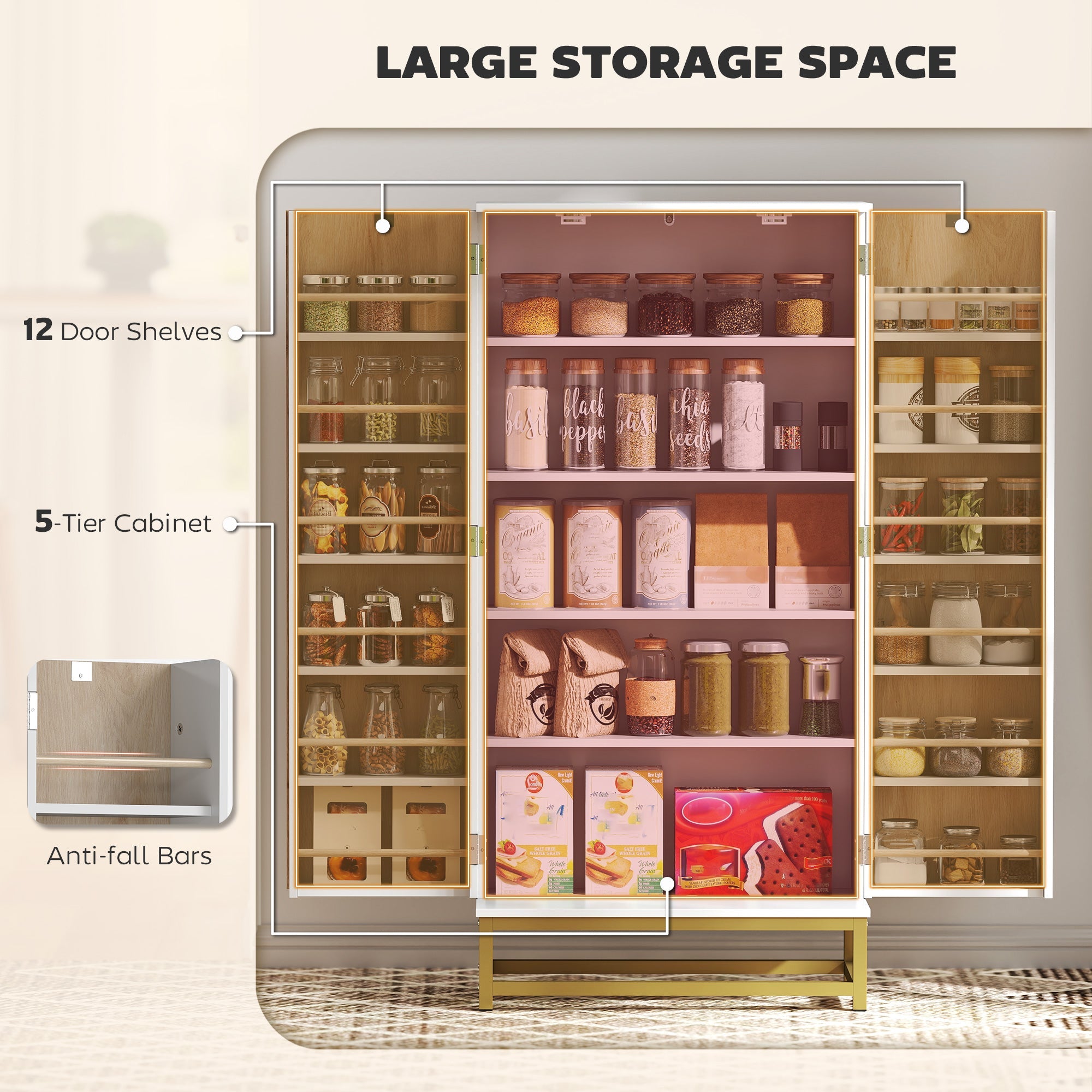 HOMCOM 119.5 cm Kitchen Cupboard, Freestanding Kitchen Cabinet with Double Doors, 5 Tiers, 12 Spice Racks, White