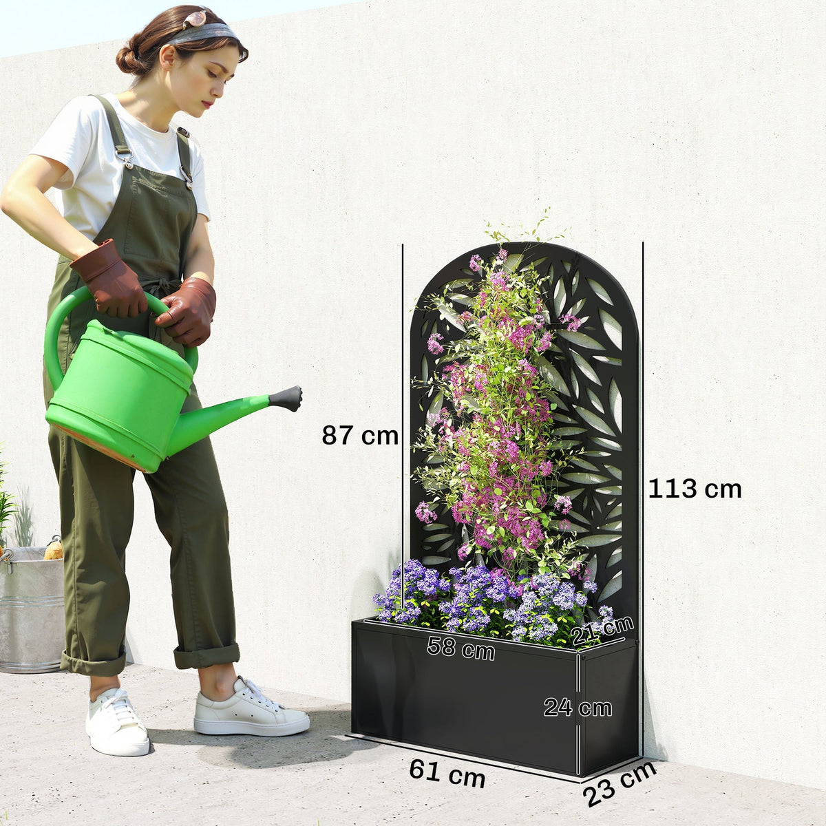 Outsunny Metal Garden Bed for Garden with Trellis, Wall Mounted or Freestanding Raised Planter with Curved Privacy Screen
