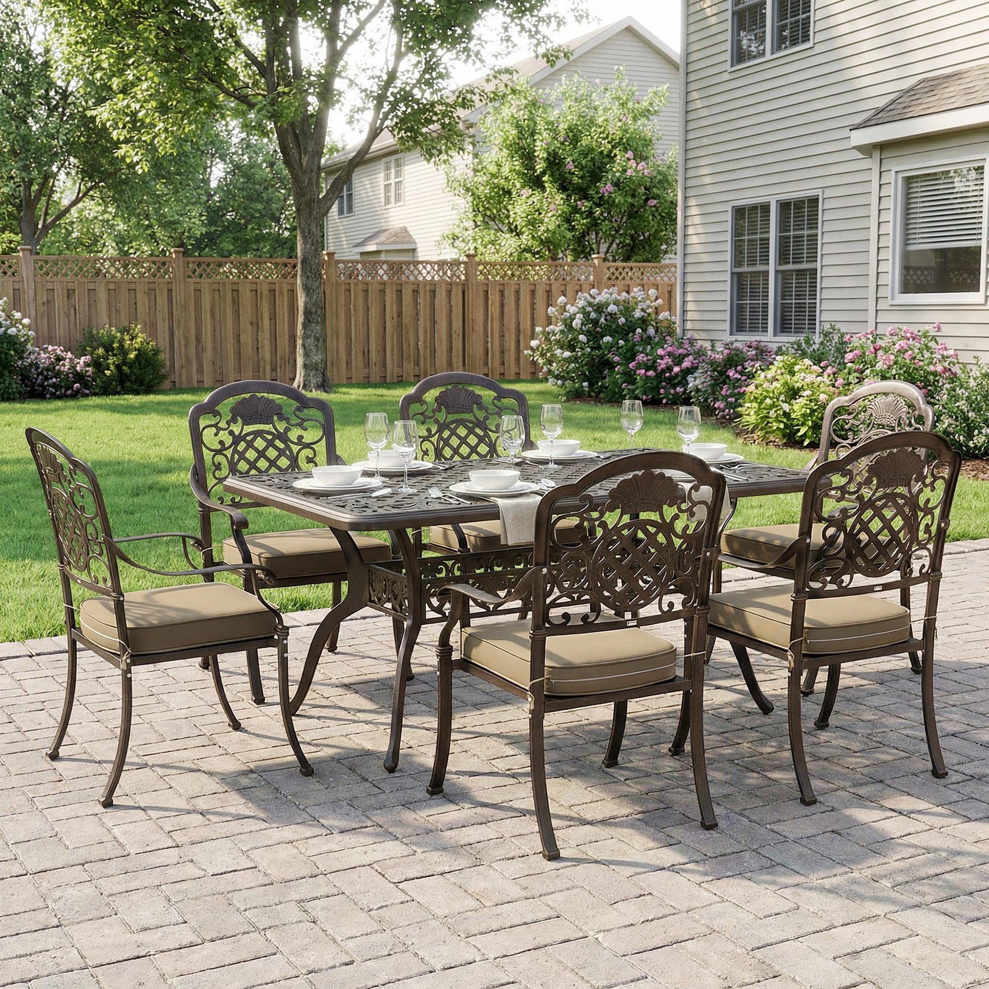 Outsunny Garden Dining Set for 6, Cast Aluminium Outdoor Table and Chairs Set with Cushions, Parasol Hole for Patio, Bronze Tone