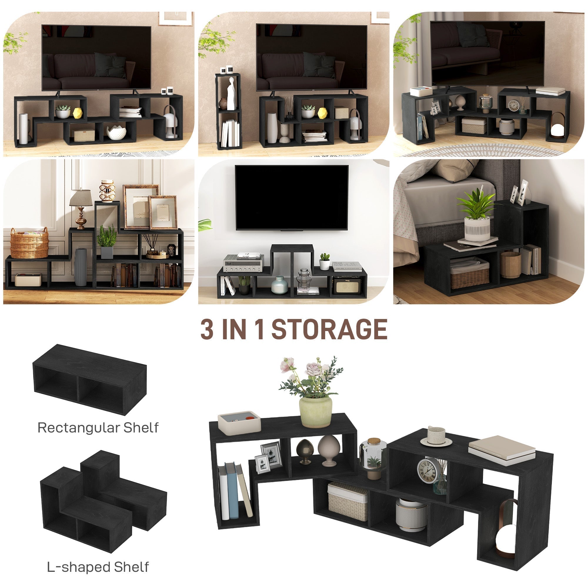 HOMCOM Three-Block Modular TV Stand - Black Wood-Effect