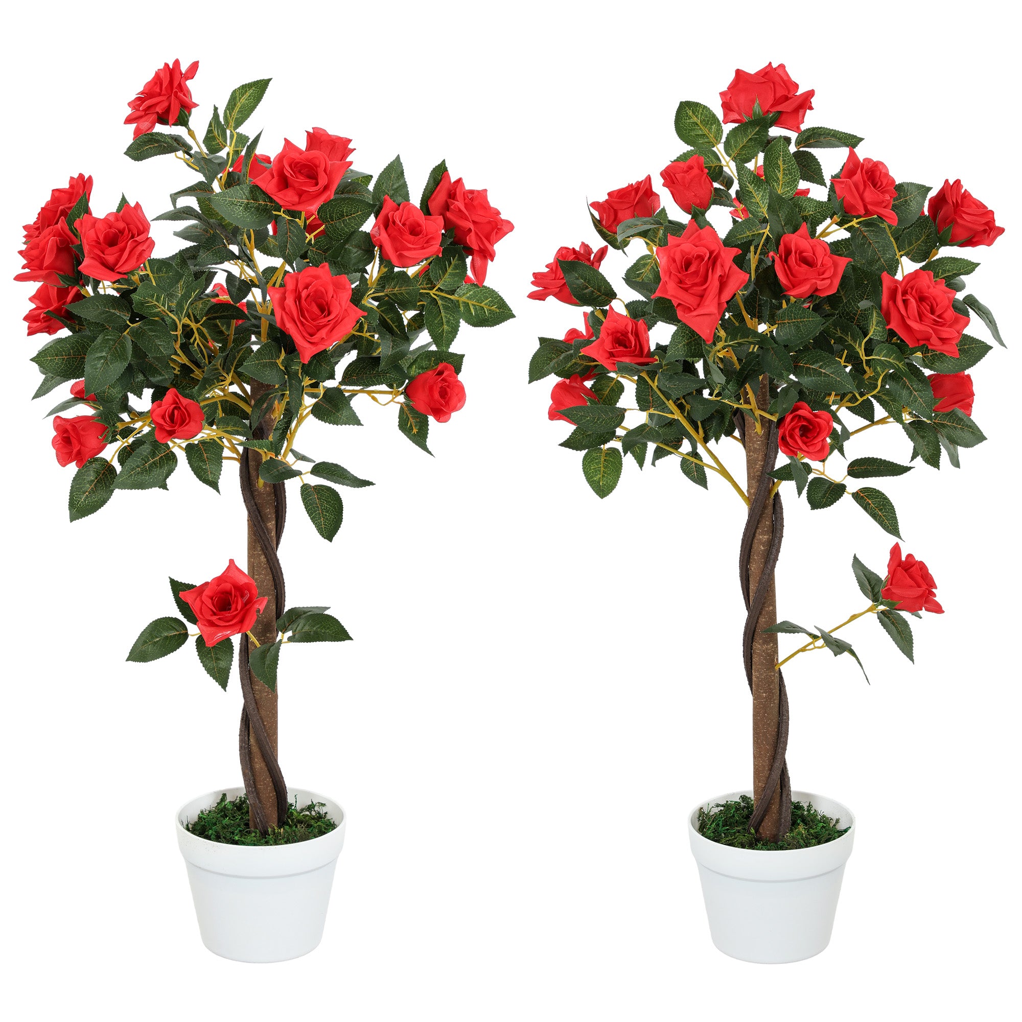 Outsunny Set of 2 Artificial Plants White Rose Floral in Pot, Fake Plants for Home Indoor Decor, 90cm, Red