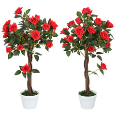 Outsunny Set of 2 Artificial Plants White Rose Floral in Pot, Fake Plants for Home Indoor Decor, 90cm, Red