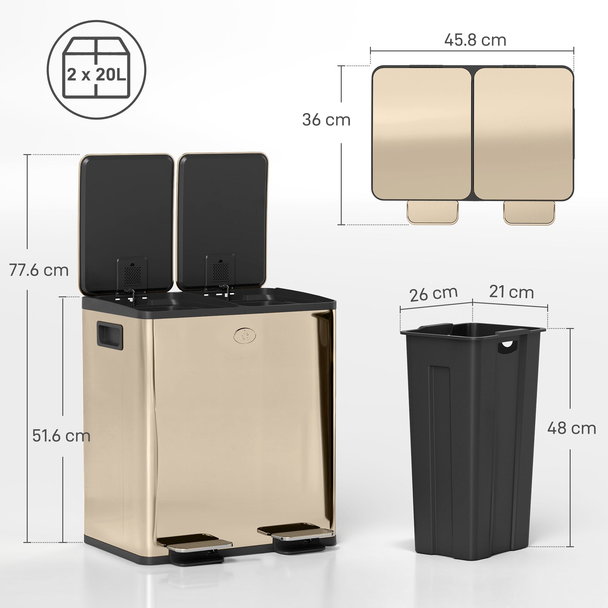HOMCOM 40L Dual Compartment Stainless Steel Bin, with Deodoriser Holders - Gold Tone