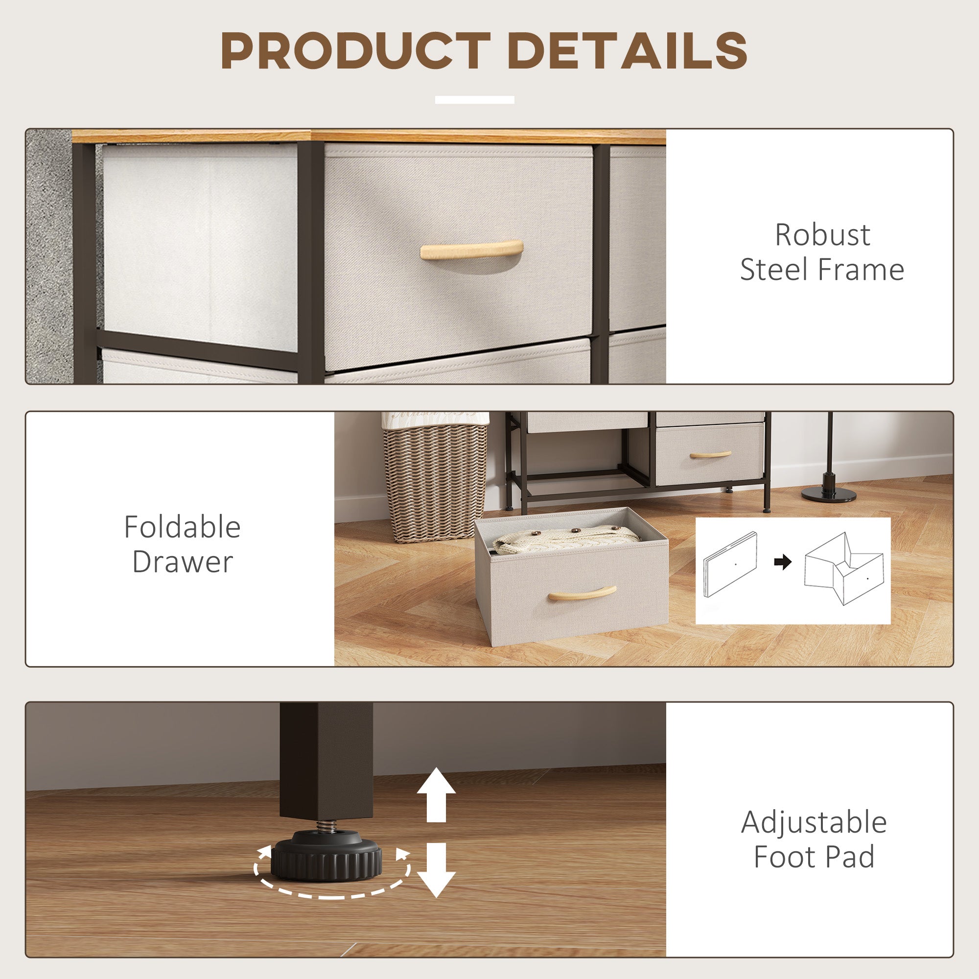 HOMCOM Fabric Chest of Drawers, Industrial Bedroom Dresser with 8 Fabric Drawers, Steel Frame and Wooden Top for Nursery, Living Room, Hallway, Cream White