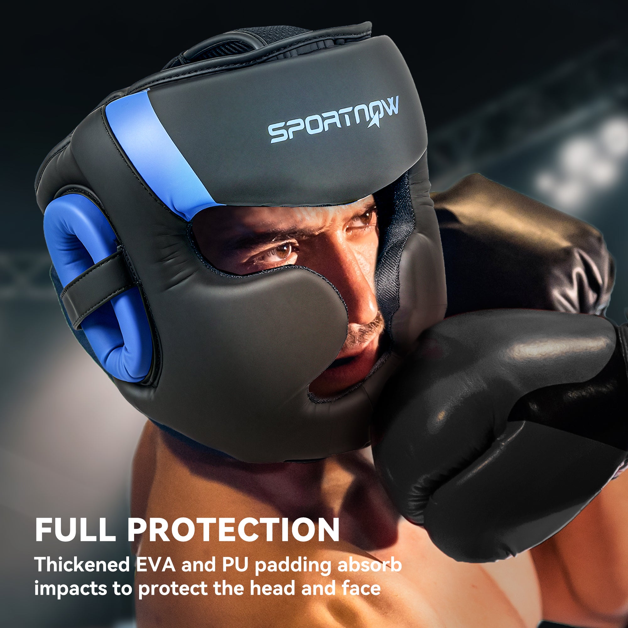 SPORTNOW Boxing Headguard w/ Adjustable Strap for Sparring, Kickboxing, MMA, Blue/Black