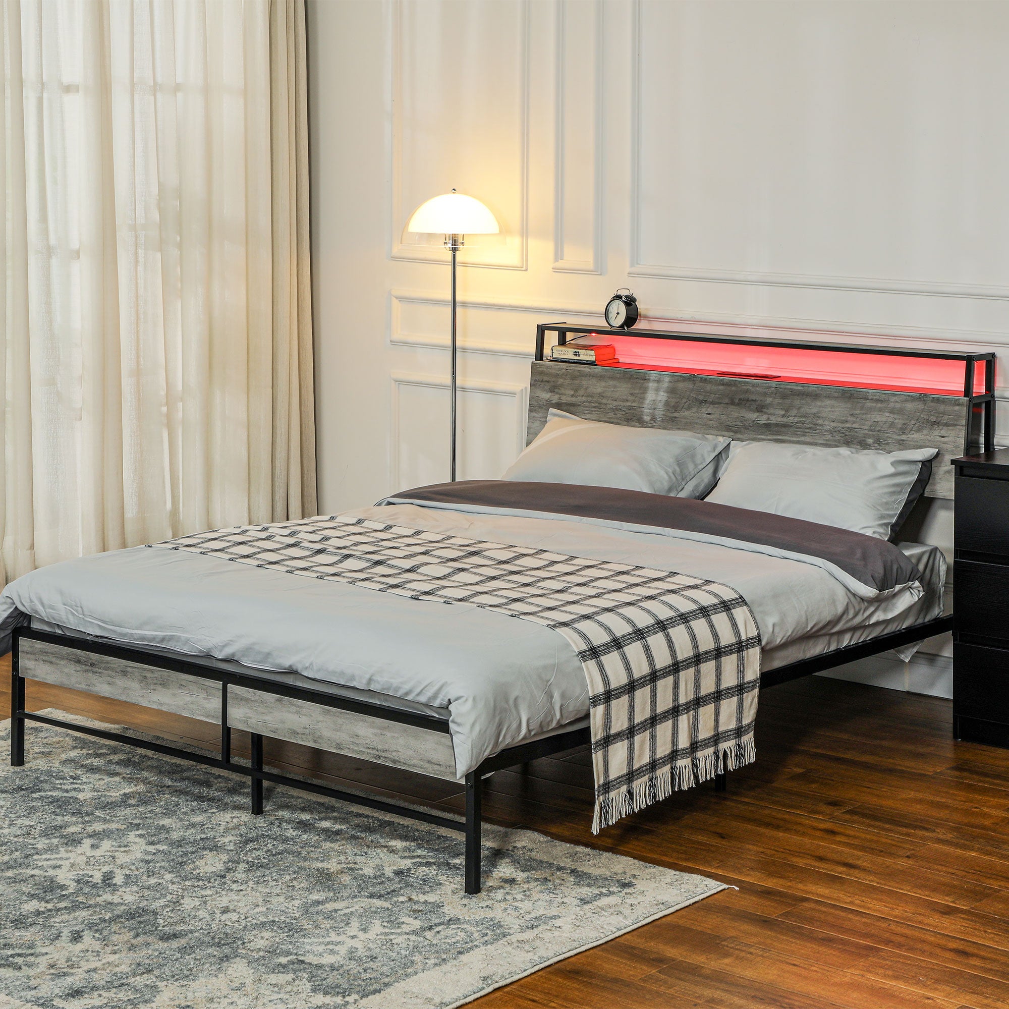 HOMCOM King Steel Bed Frame, with LED Lights and Headboard Shelf - Grey