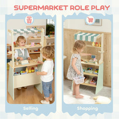 AIYAPLAY Wooden Toy Shop, Wooden Market Stall with Cash Register, Blackboard and Toy Food, 4 Storage Boxes, Ages 3+, Green