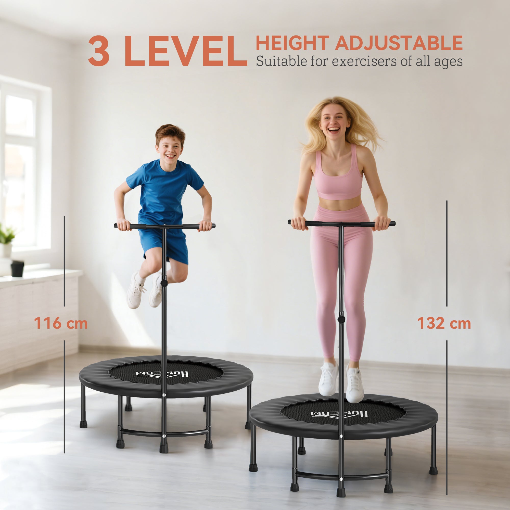 HOMCOM 40" Fitness Trampoline with Adjustable Handle, Rebounder Trampoline, Mini Jumper for Indoor Exercise Workout, Black