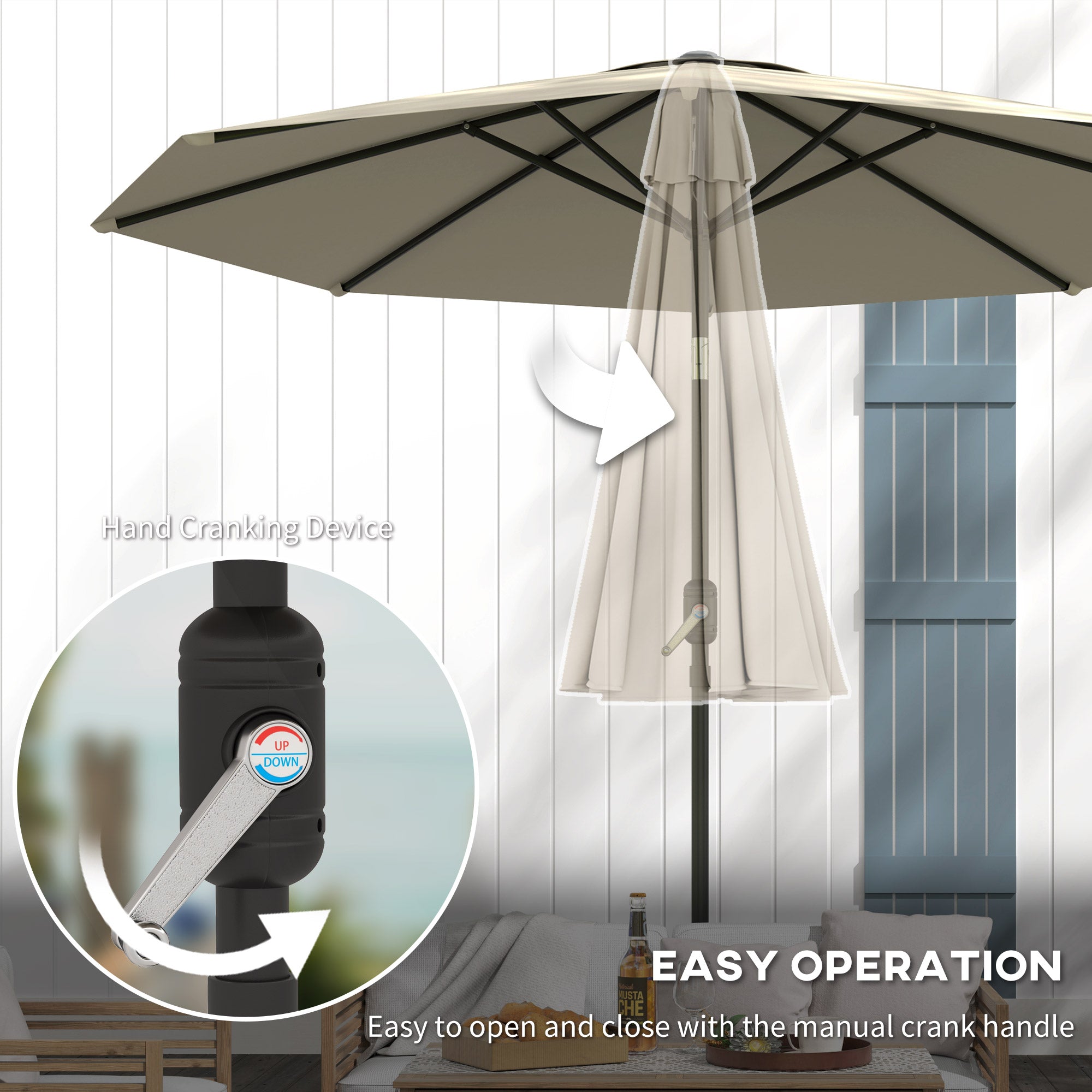 Outsunny 2.6M Garden Parasol Umbrella with Tilt and Crank, Outdoor Sun Parasol Sunshade Shelter with Aluminium Frame, Light Grey