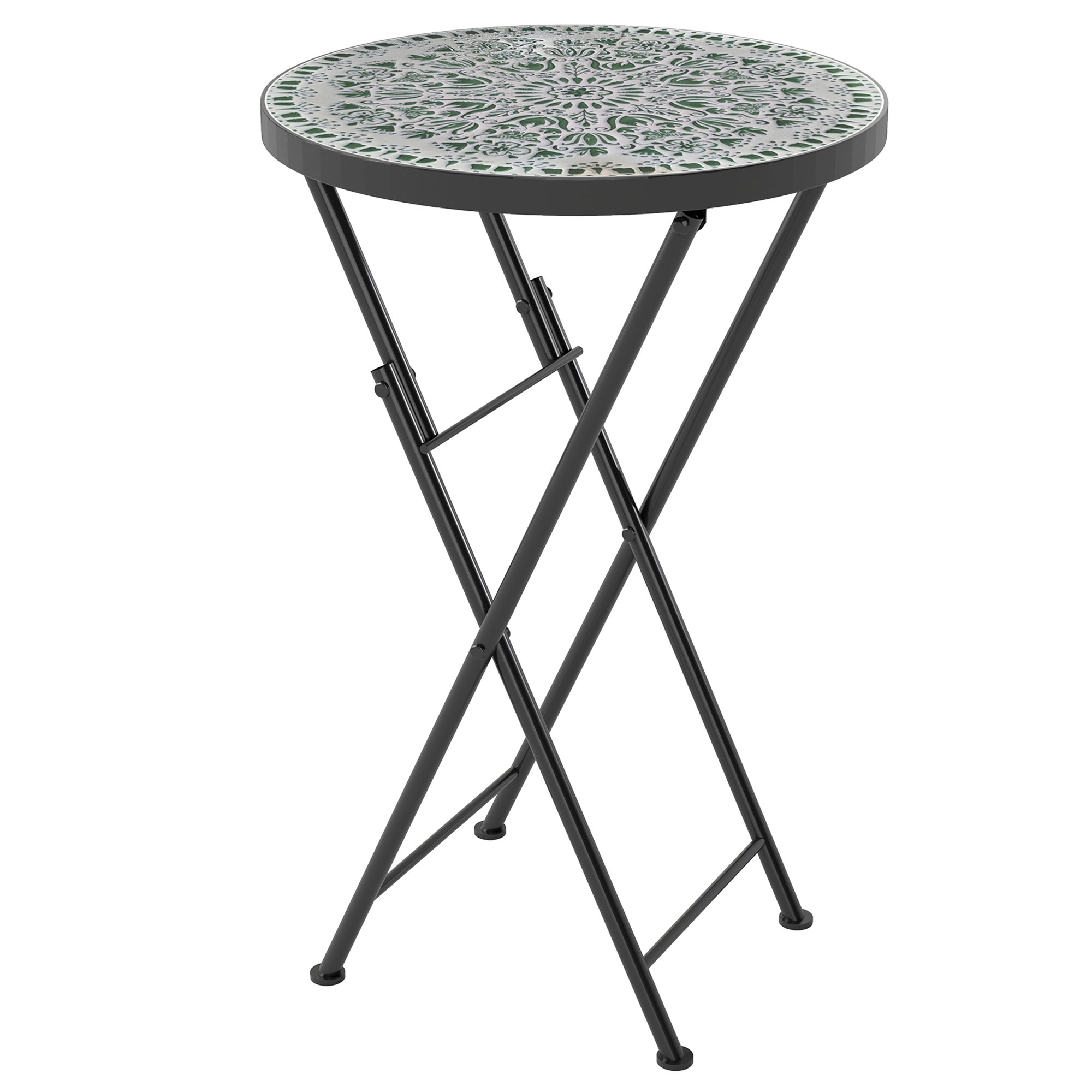 Outsunny Mosaic Outdoor Garden Table, 35.5cm Round Folding Coffee Table with Metal Frame for Balcony Terrace, Green